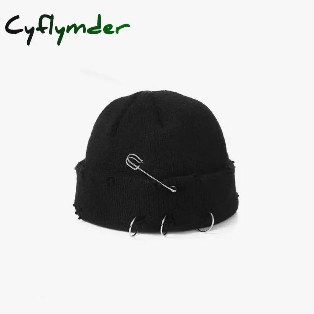 Cyflymder New Fashion Knitted Hat Punk Hip Hop Beanies for Men Women Metal Pin Ring Brimless Melon Cap Winter Warm