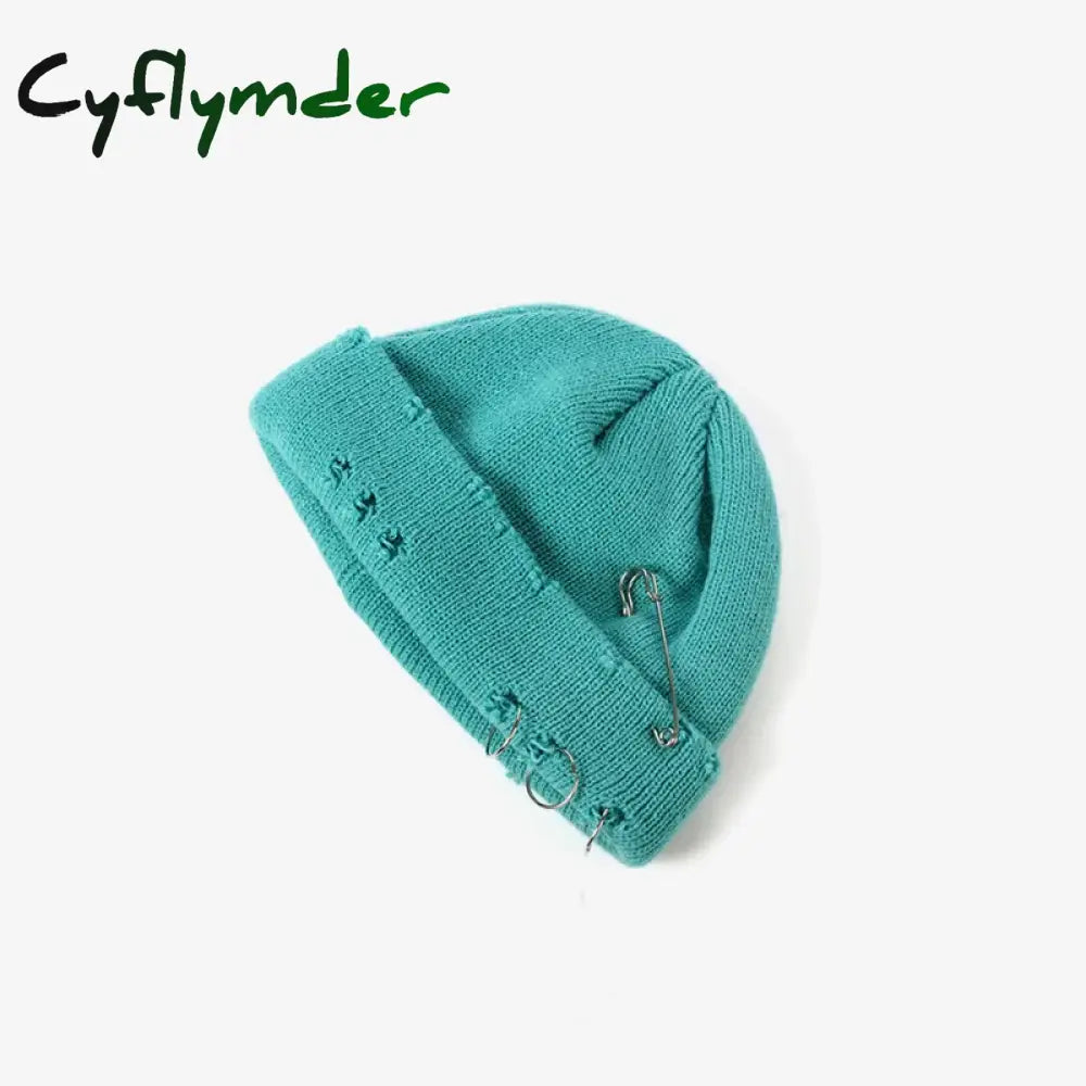 Cyflymder New Fashion Knitted Hat Punk Hip Hop Beanies for Men Women Metal Pin Ring Brimless Melon Cap Winter Warm