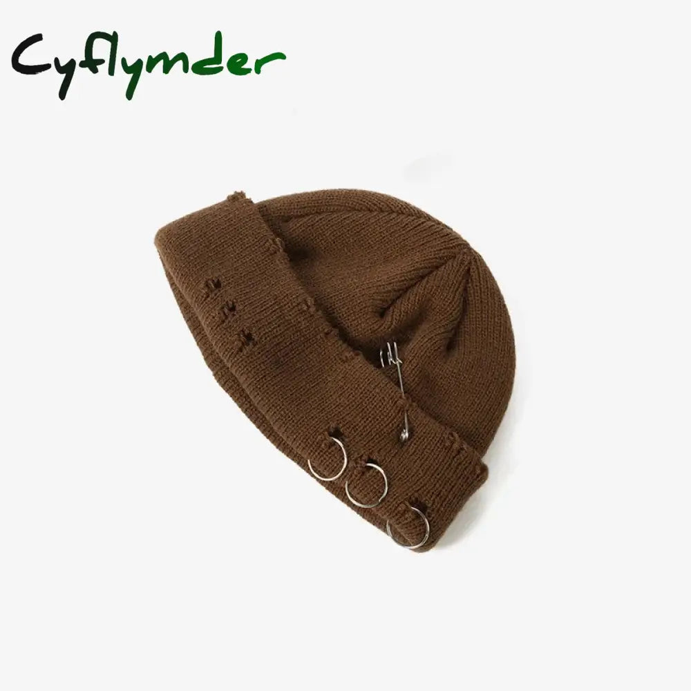 Cyflymder New Fashion Knitted Hat Punk Hip Hop Beanies for Men Women Metal Pin Ring Brimless Melon Cap Winter Warm