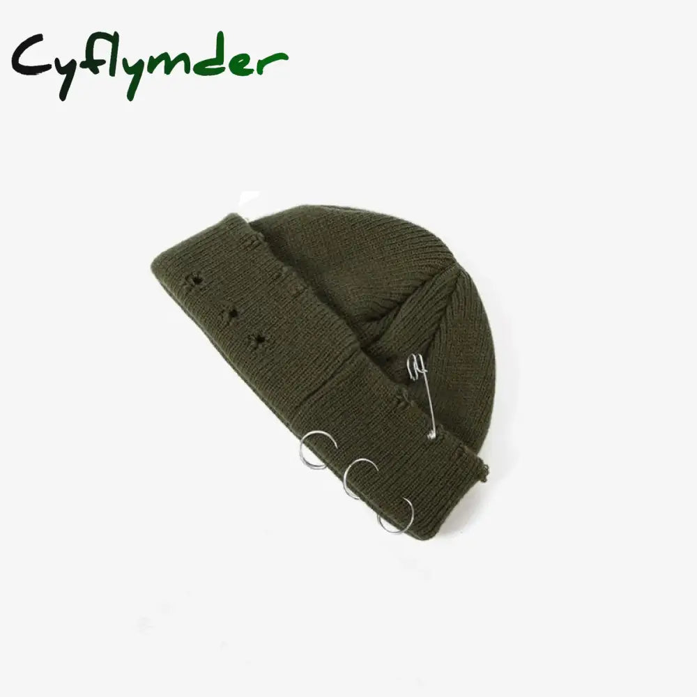 Cyflymder New Fashion Knitted Hat Punk Hip Hop Beanies for Men Women Metal Pin Ring Brimless Melon Cap Winter Warm