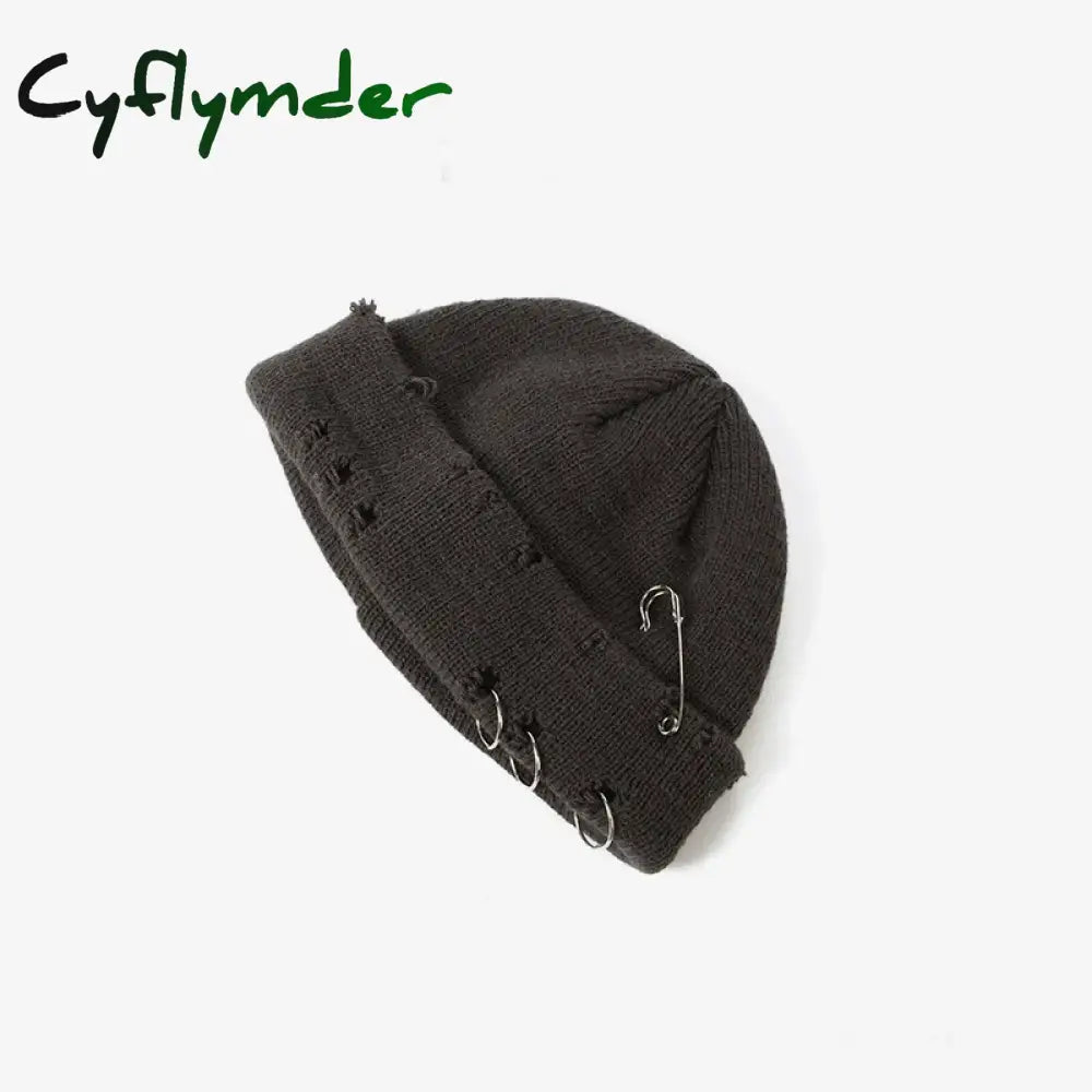 Cyflymder New Fashion Knitted Hat Punk Hip Hop Beanies for Men Women Metal Pin Ring Brimless Melon Cap Winter Warm