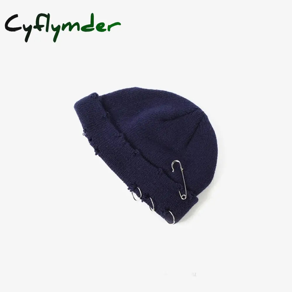 Cyflymder New Fashion Knitted Hat Punk Hip Hop Beanies for Men Women Metal Pin Ring Brimless Melon Cap Winter Warm