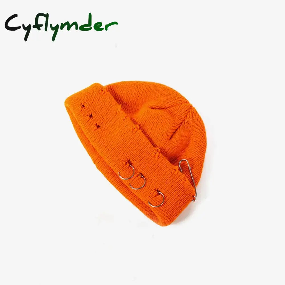 Cyflymder New Fashion Knitted Hat Punk Hip Hop Beanies for Men Women Metal Pin Ring Brimless Melon Cap Winter Warm