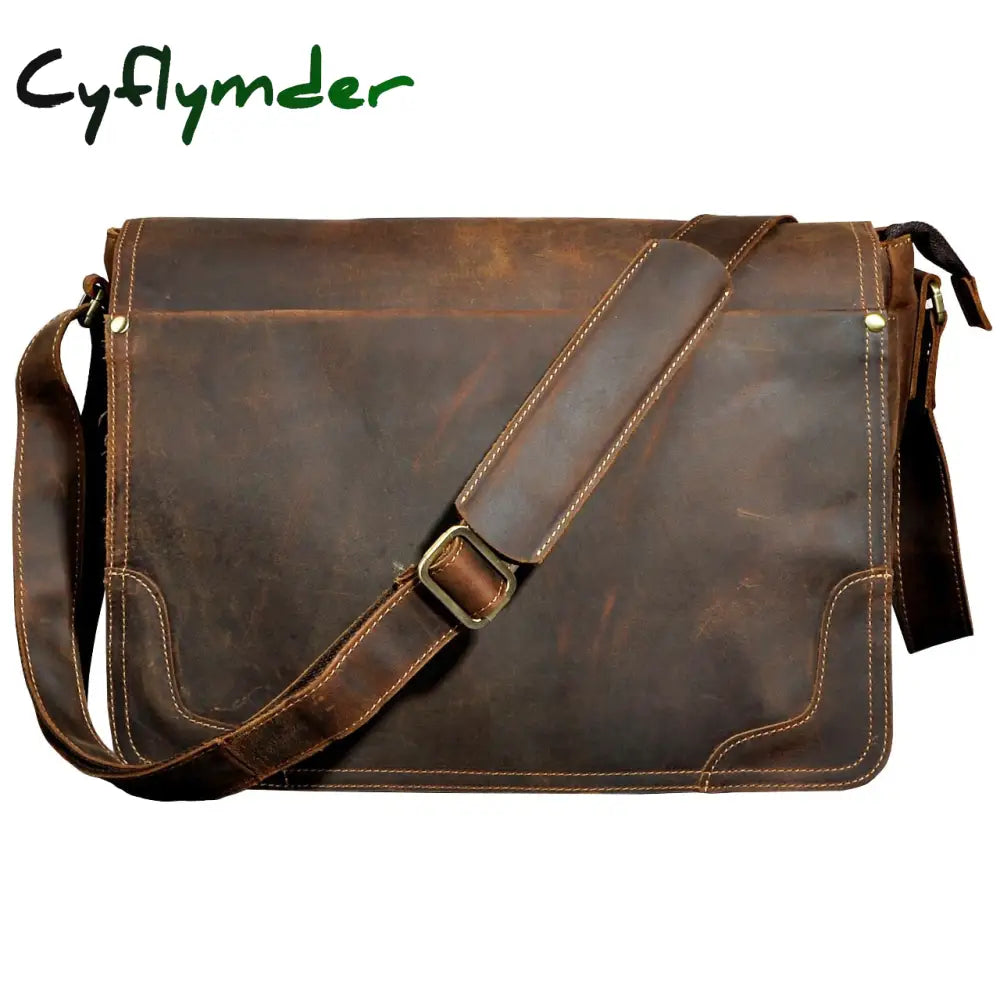 Cyflymder New Fashion Leather Male Casual Messenger Bag Satchel Cowhide 13’’ Laptop Bag School