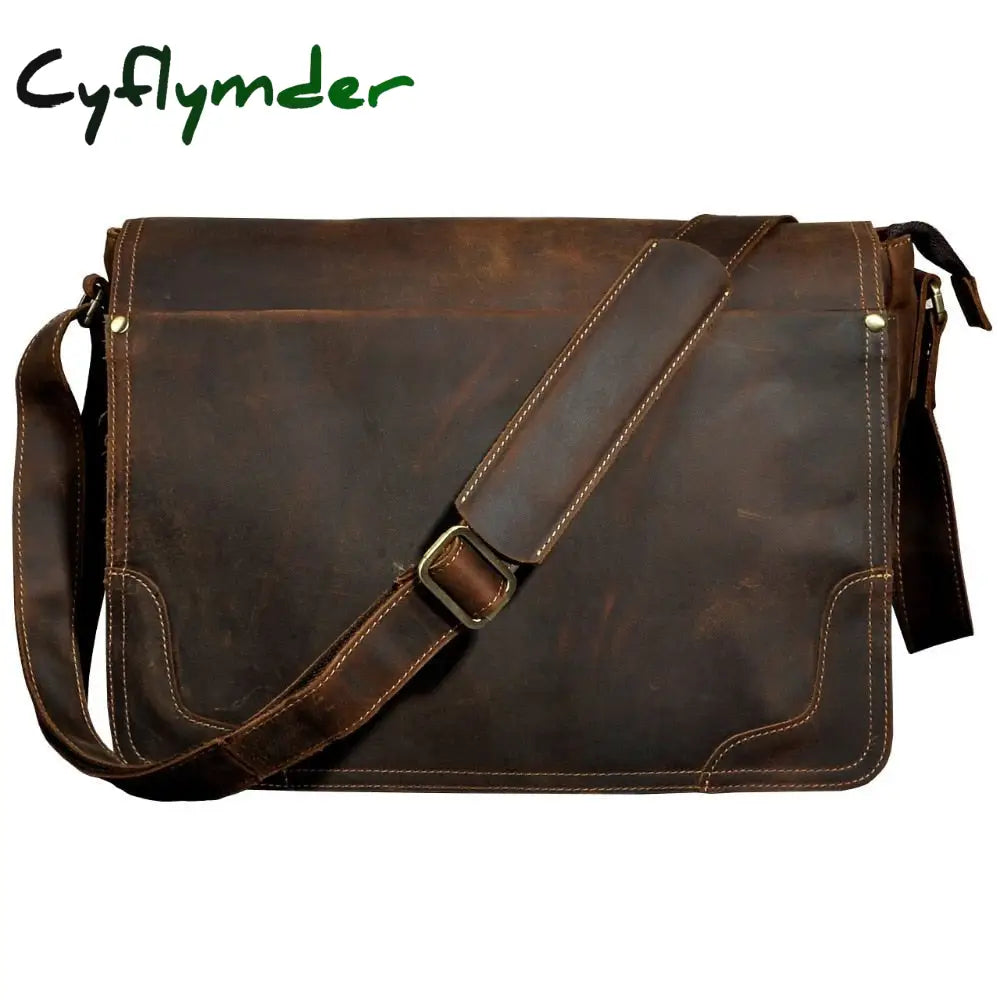 Cyflymder New Fashion Leather Male Casual Messenger Bag Satchel Cowhide 13’’ Laptop Bag School
