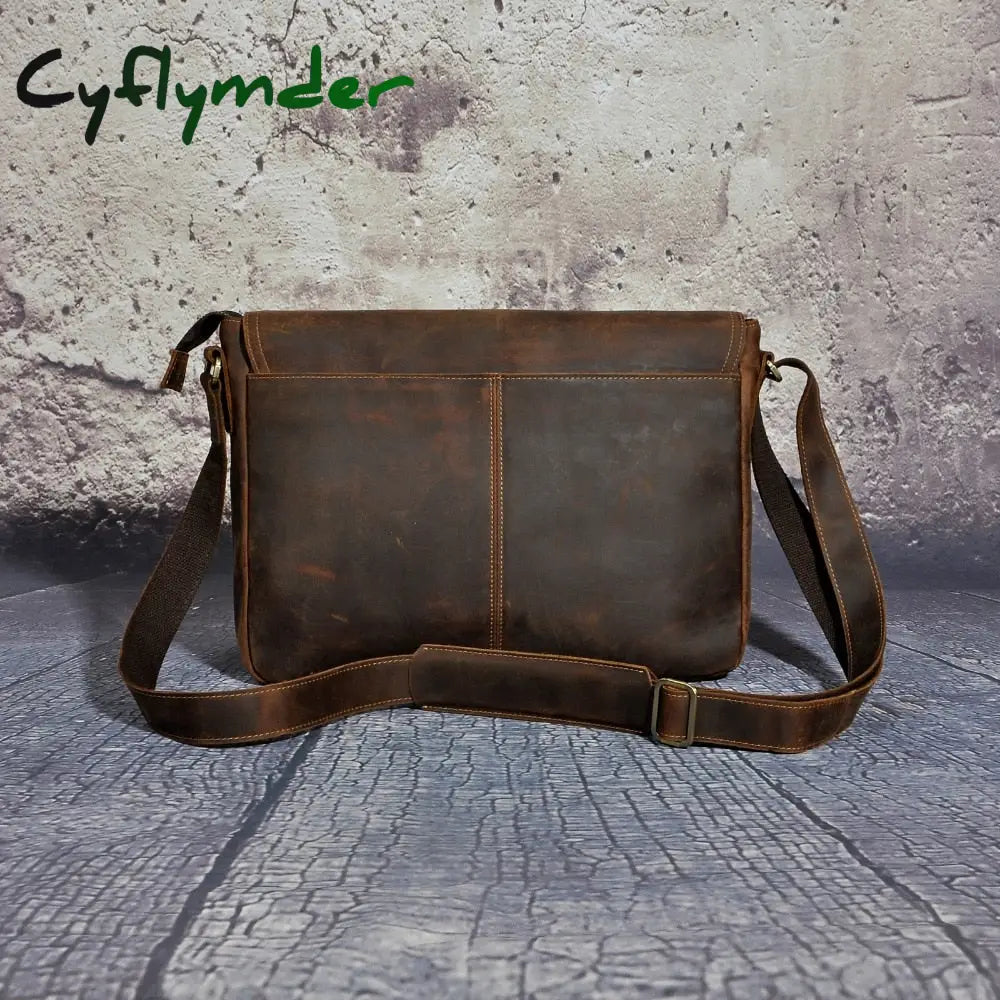Cyflymder New Fashion Leather Male Casual Messenger Bag Satchel Cowhide 13’’ Laptop Bag School