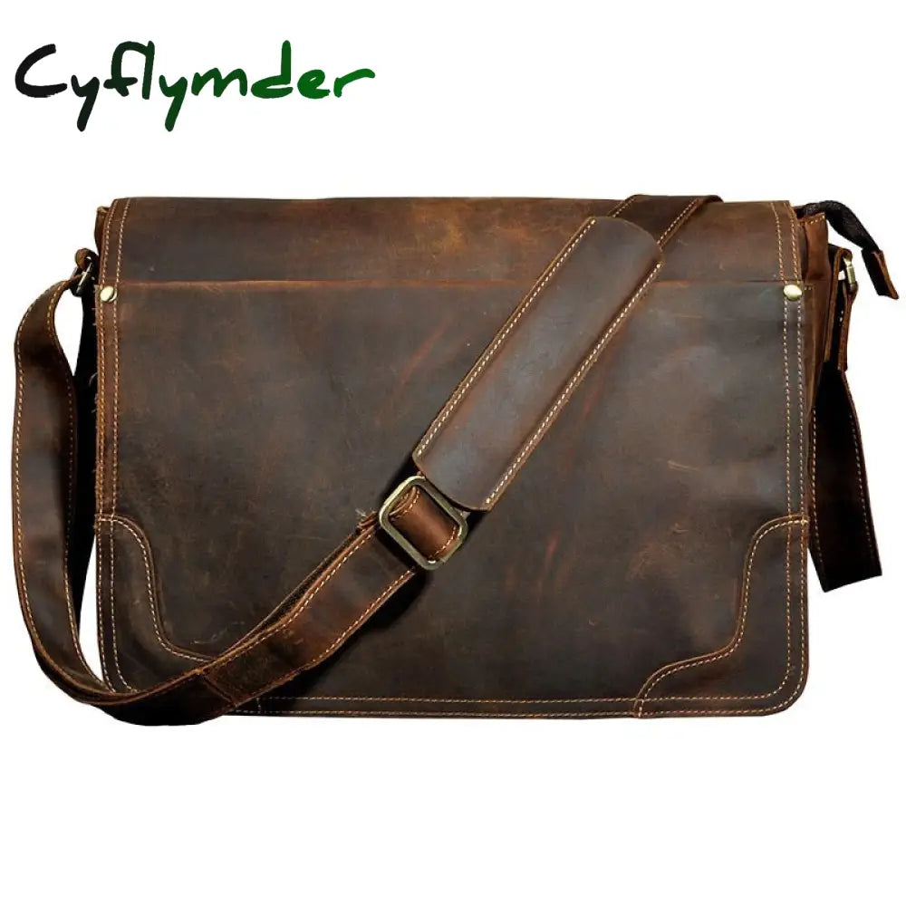 Cyflymder New Fashion Leather Male Casual Messenger Bag Satchel Cowhide 13’’ Laptop Bag School