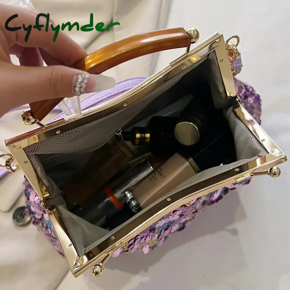 Cyflymder New Fashion Women Evening Clutch Metal Glitter Sequin Purple Gold Chain Shoulder Bags Luxury Designer Wedding