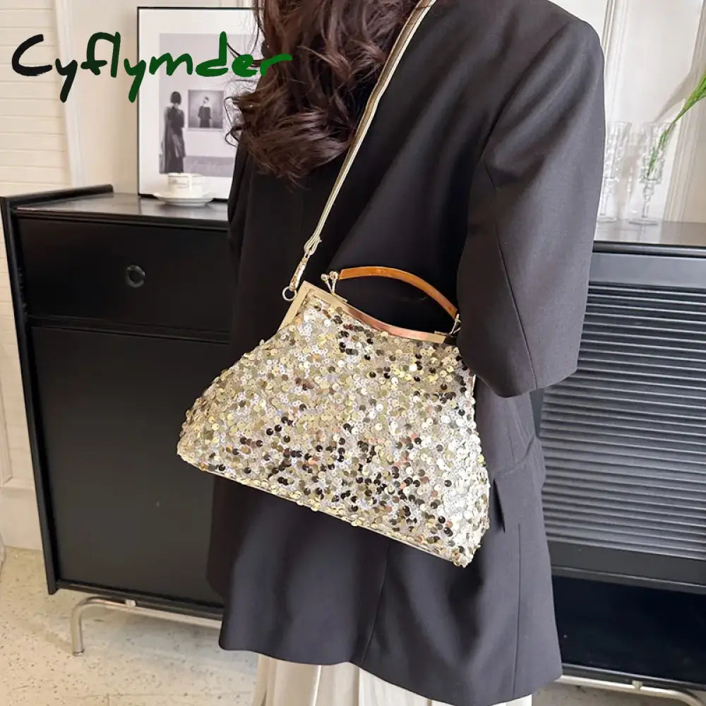 Cyflymder New Fashion Women Evening Clutch Metal Glitter Sequin Purple Gold Chain Shoulder Bags Luxury Designer Wedding
