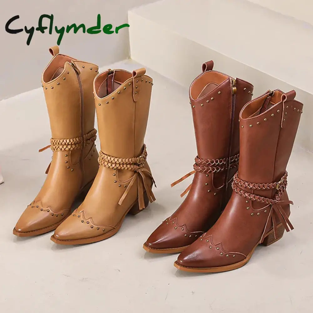 Cyflymder New Faux Leather Retro Western Boots Women Rivet Belt Buckle Mid Calf Boots Square High Heels Punk Cowboy