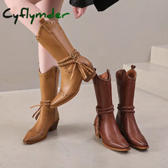 Cyflymder New Faux Leather Retro Western Boots Women Rivet Belt Buckle Mid Calf Boots Square High Heels Punk Cowboy