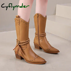Cyflymder New Faux Leather Retro Western Boots Women Rivet Belt Buckle Mid Calf Boots Square High Heels Punk Cowboy