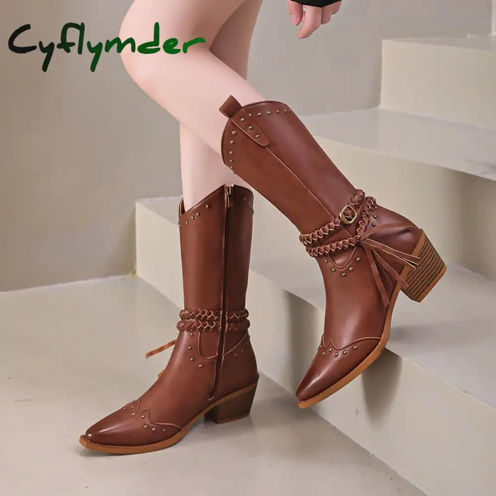 Cyflymder New Faux Leather Retro Western Boots Women Rivet Belt Buckle Mid Calf Boots Square High Heels Punk Cowboy