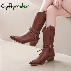 Cyflymder New Faux Leather Retro Western Boots Women Rivet Belt Buckle Mid Calf Boots Square High Heels Punk Cowboy