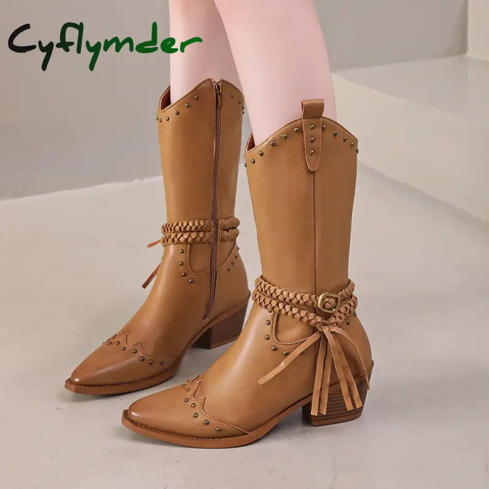 Cyflymder New Faux Leather Retro Western Boots Women Rivet Belt Buckle Mid Calf Boots Square High Heels Punk Cowboy