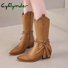 Cyflymder New Faux Leather Retro Western Boots Women Rivet Belt Buckle Mid Calf Boots Square High Heels Punk Cowboy