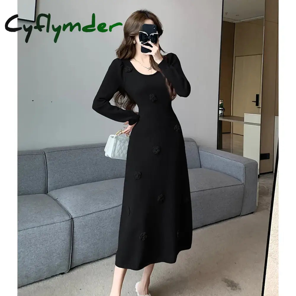 Cyflymder New France High Quality Women Square Collar Flower Appliques Sweater Dress Autumn Puff