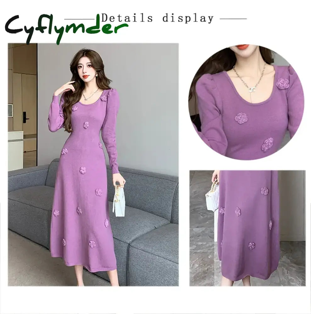 Cyflymder New France High Quality Women Square Collar Flower Appliques Sweater Dress Autumn Puff