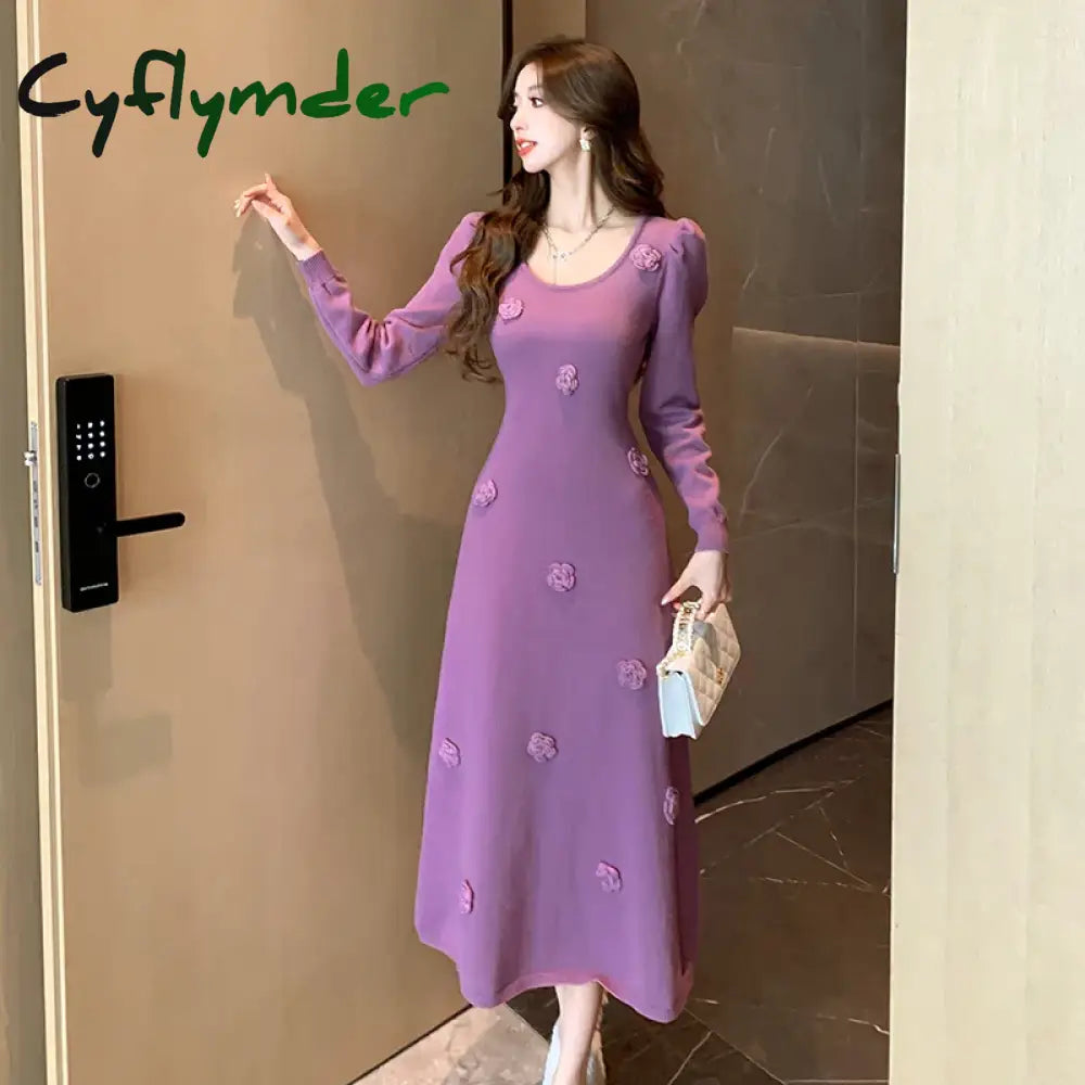 Cyflymder New France High Quality Women Square Collar Flower Appliques Sweater Dress Autumn Puff