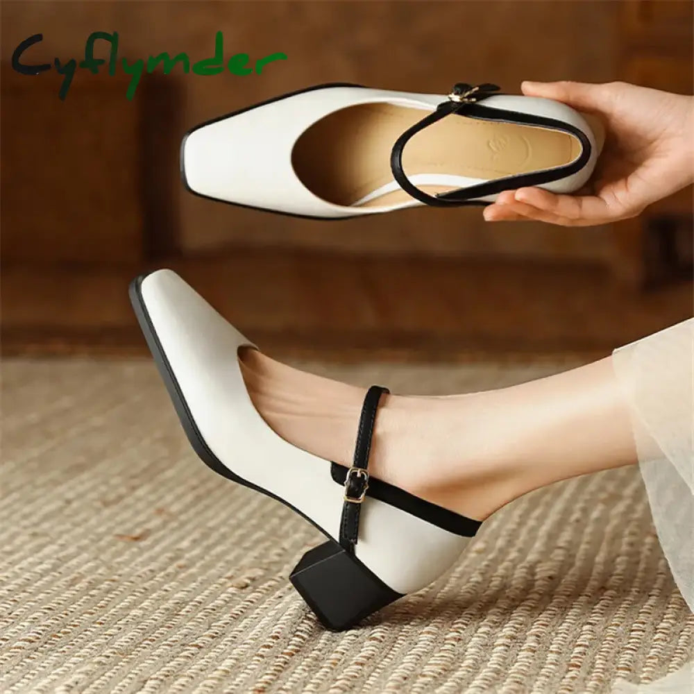 Cyflymder New Genuine Leather Vintage Women Shoes Fashion Square Toe Pumps Chunky Heel Spring