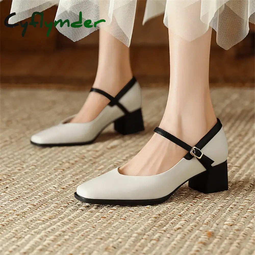 Cyflymder New Genuine Leather Vintage Women Shoes Fashion Square Toe Pumps Chunky Heel Spring