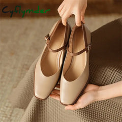 Cyflymder New Genuine Leather Vintage Women Shoes Fashion Square Toe Pumps Chunky Heel Spring