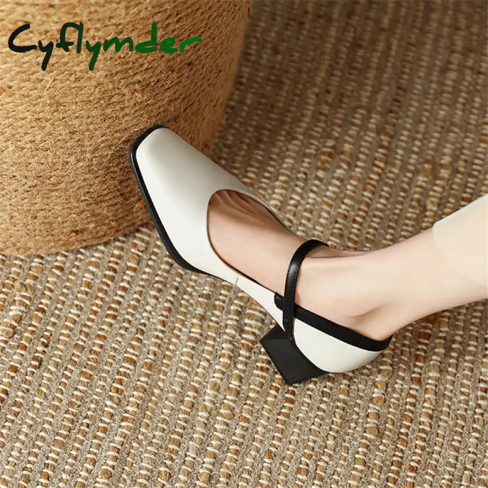 Cyflymder New Genuine Leather Vintage Women Shoes Fashion Square Toe Pumps Chunky Heel Spring