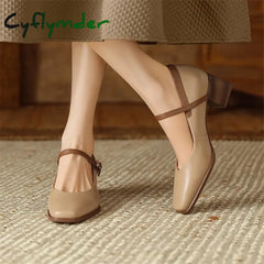 Cyflymder New Genuine Leather Vintage Women Shoes Fashion Square Toe Pumps Chunky Heel Spring