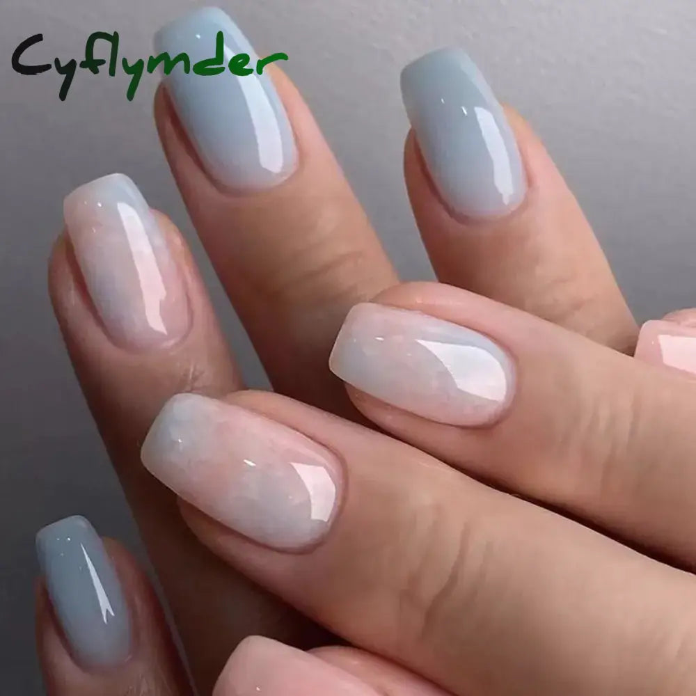 Cyflymder New Glacier Blue Jelly False Nail Shining Short Round Fake Nails Detachable Full Cover