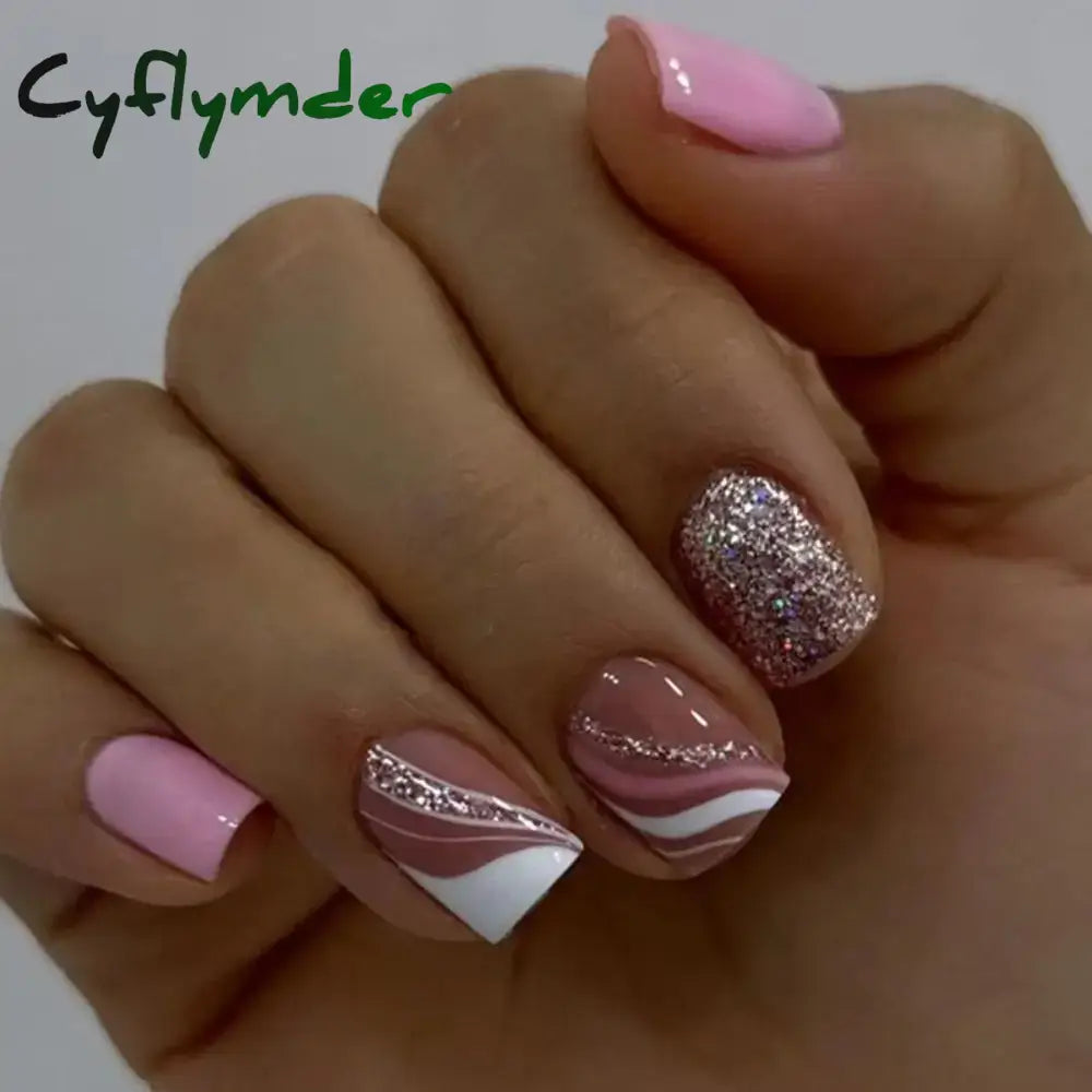 Cyflymder New Glacier Blue Jelly False Nail Shining Short Round Fake Nails Detachable Full Cover