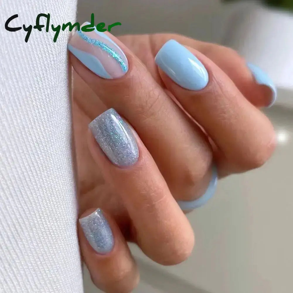 Cyflymder New Glacier Blue Jelly False Nail Shining Short Round Fake Nails Detachable Full Cover