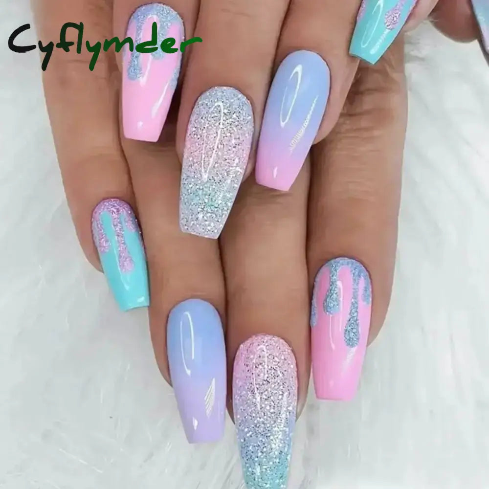 Cyflymder New Glacier Blue Jelly False Nail Shining Short Round Fake Nails Detachable Full Cover