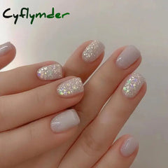 Cyflymder New Glacier Blue Jelly False Nail Shining Short Round Fake Nails Detachable Full Cover