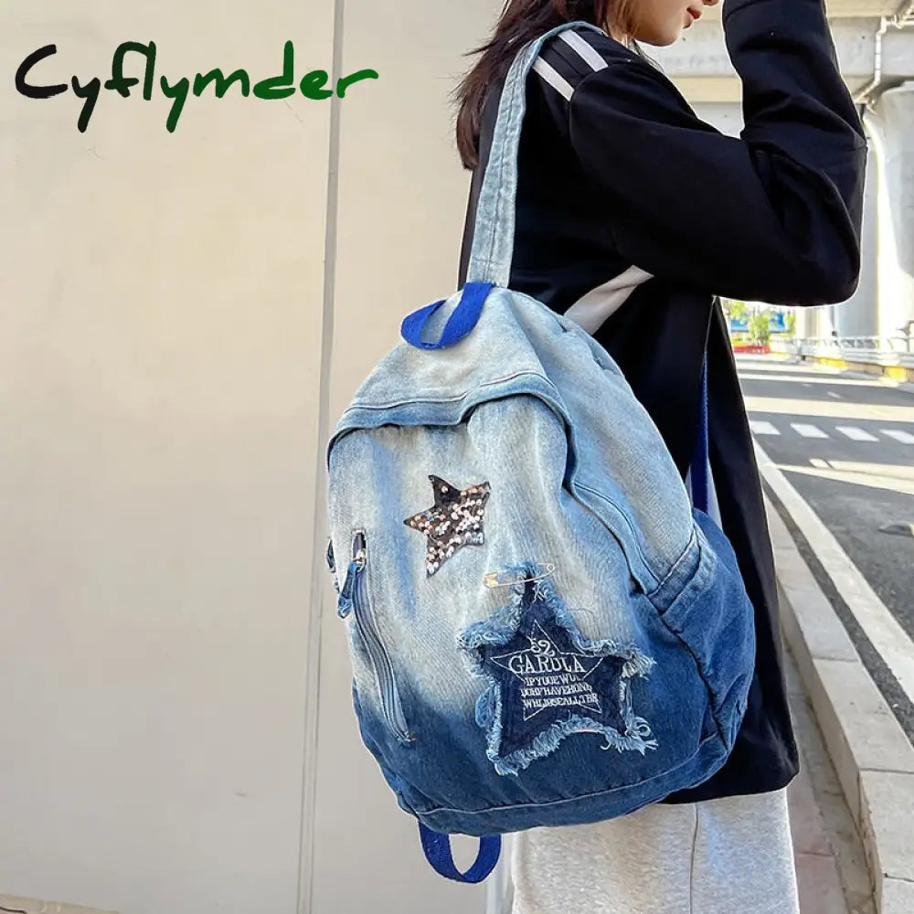 Cyflymder New Gradient Denim Backpacks 100% Cotton Fashion School Bags For Teenage Girls Cute