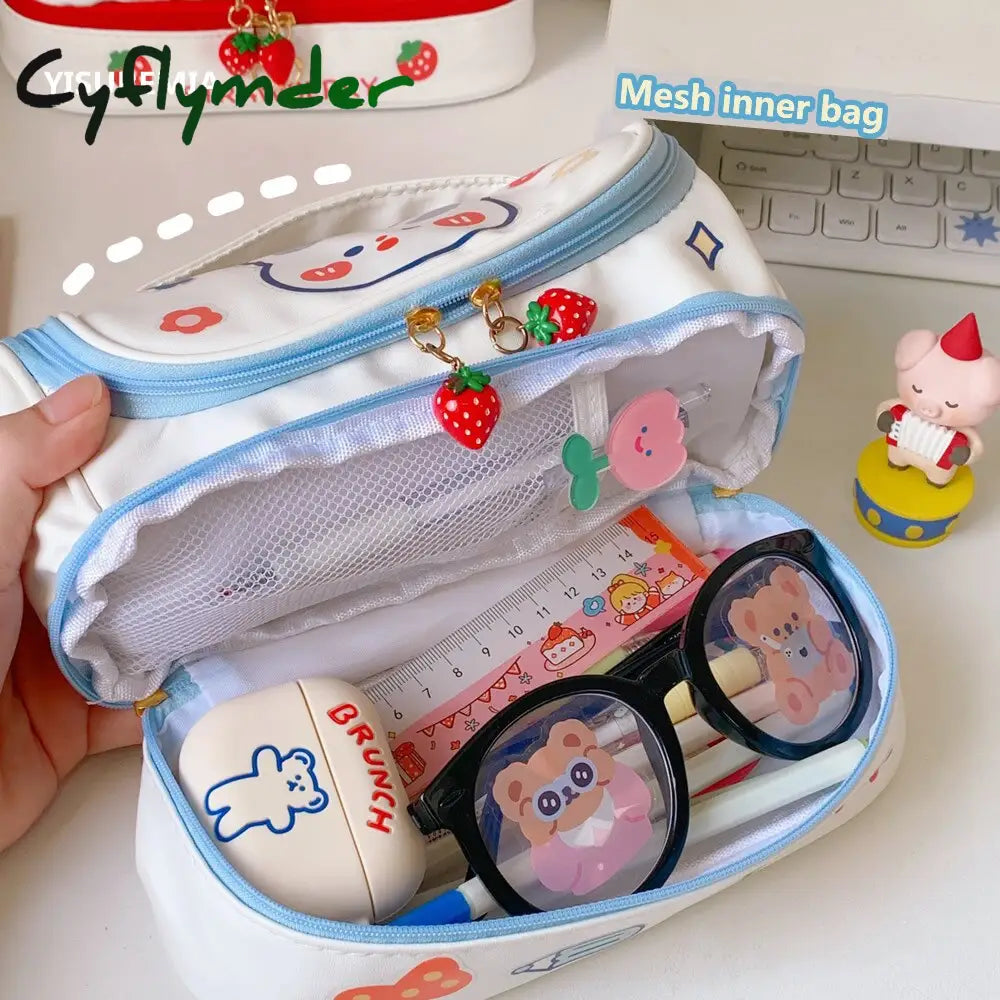 Cyflymder New Kawaii Pencil Bag Pen Cases 2 Layer High Capacity Pencils Pouch Free 1Pc Diy Sticker