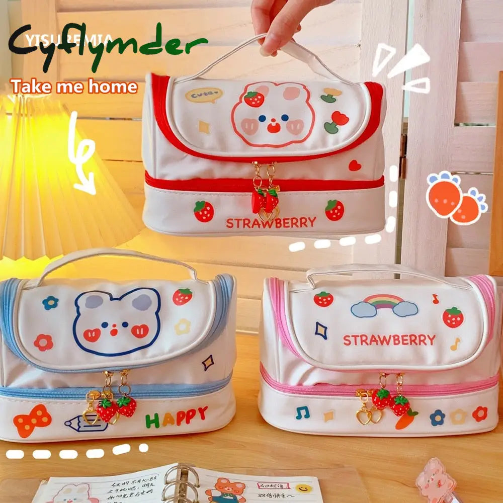 Cyflymder New Kawaii Pencil Bag Pen Cases 2 Layer High Capacity Pencils Pouch Free 1Pc Diy Sticker