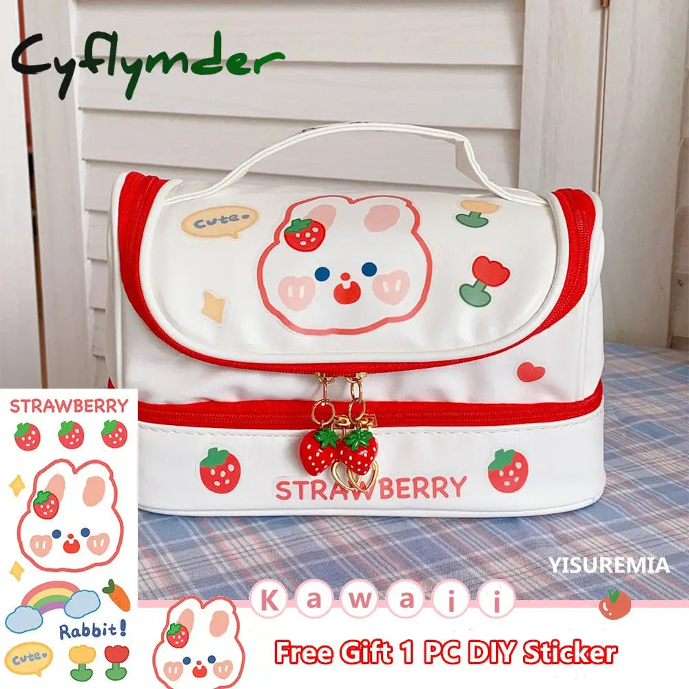 Cyflymder New Kawaii Pencil Bag Pen Cases 2 Layer High Capacity Pencils Pouch Free 1Pc Diy Sticker