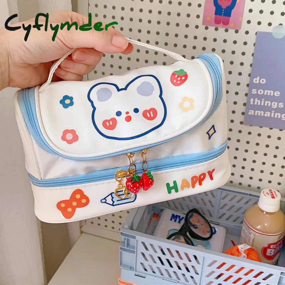 Cyflymder New Kawaii Pencil Bag Pen Cases 2 Layer High Capacity Pencils Pouch Free 1Pc Diy Sticker