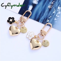 Cyflymder New Metal Heart Keychain Fashion Camellia Letters Round Pendant For Women Girls Headphone