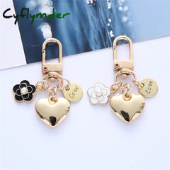 Cyflymder New Metal Heart Keychain Fashion Camellia Letters Round Pendant For Women Girls Headphone