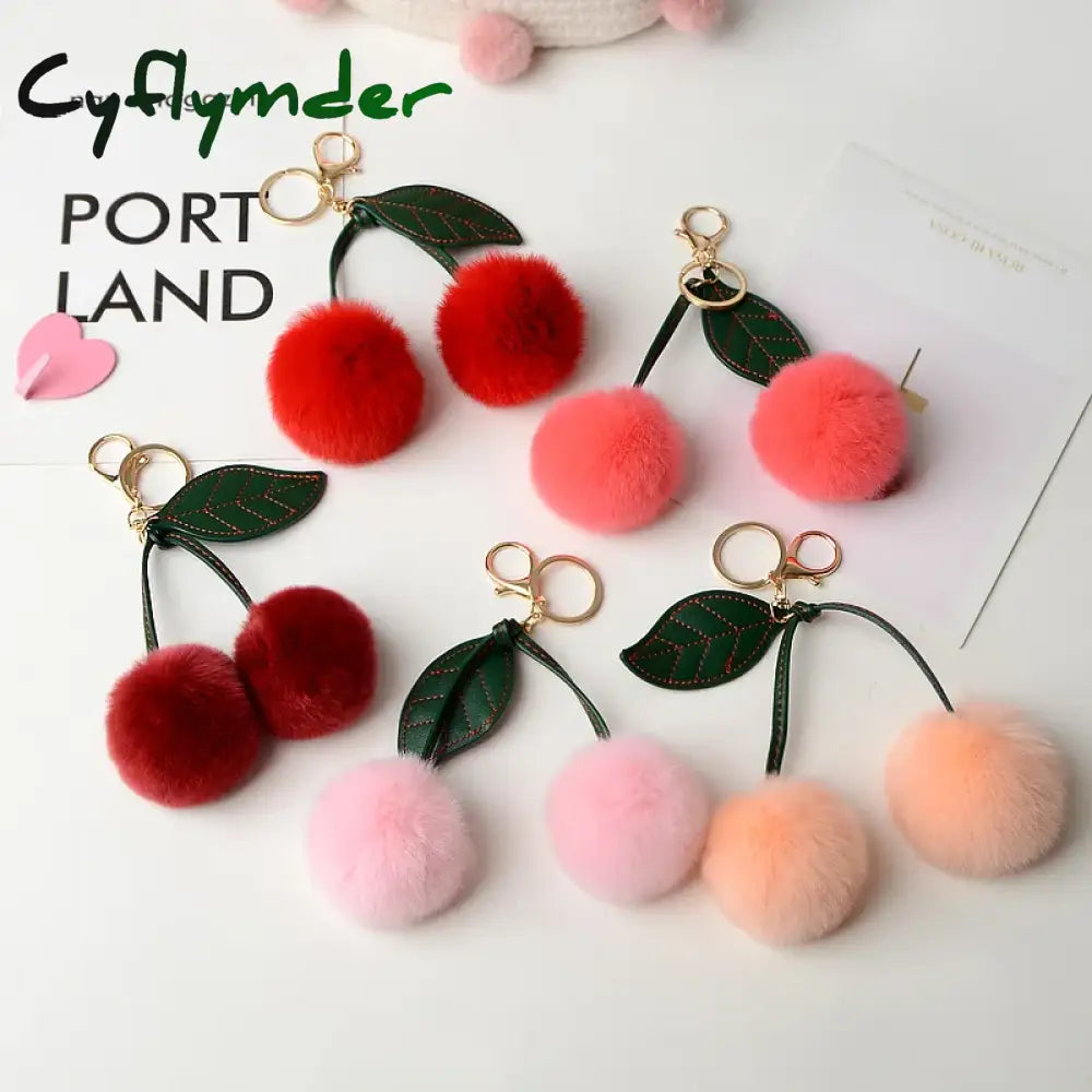 Cyflymder New Otter Rabbit Hair Cherry Multi-Color Car Keychain Pendant Cute Pompom Doll Bag