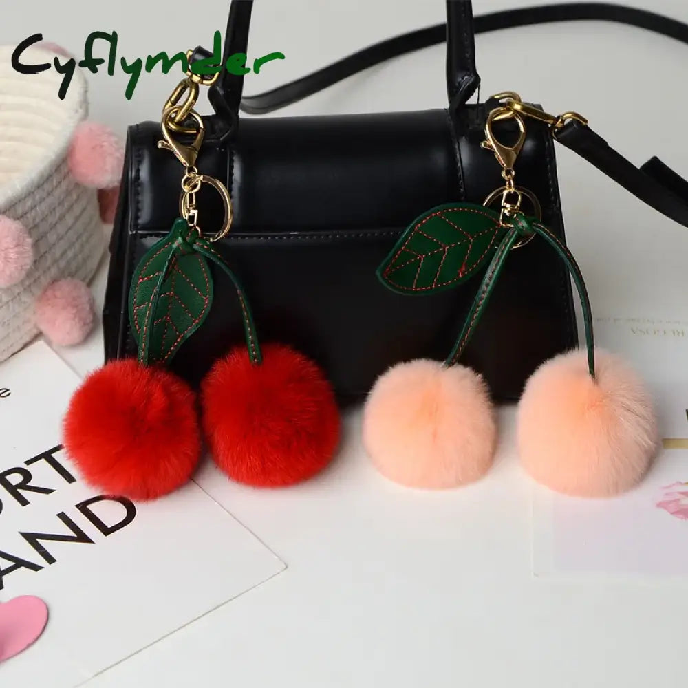 Cyflymder New Otter Rabbit Hair Cherry Multi-Color Car Keychain Pendant Cute Pompom Doll Bag