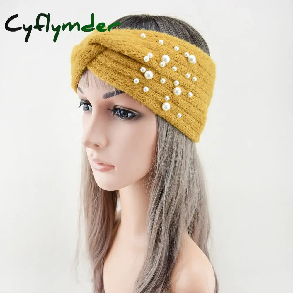 Cyflymder New Pearl Knitted Cross Headbands For Women Girls Handmade Hair Accessories Autumn Winter Headwear Ear Warmer