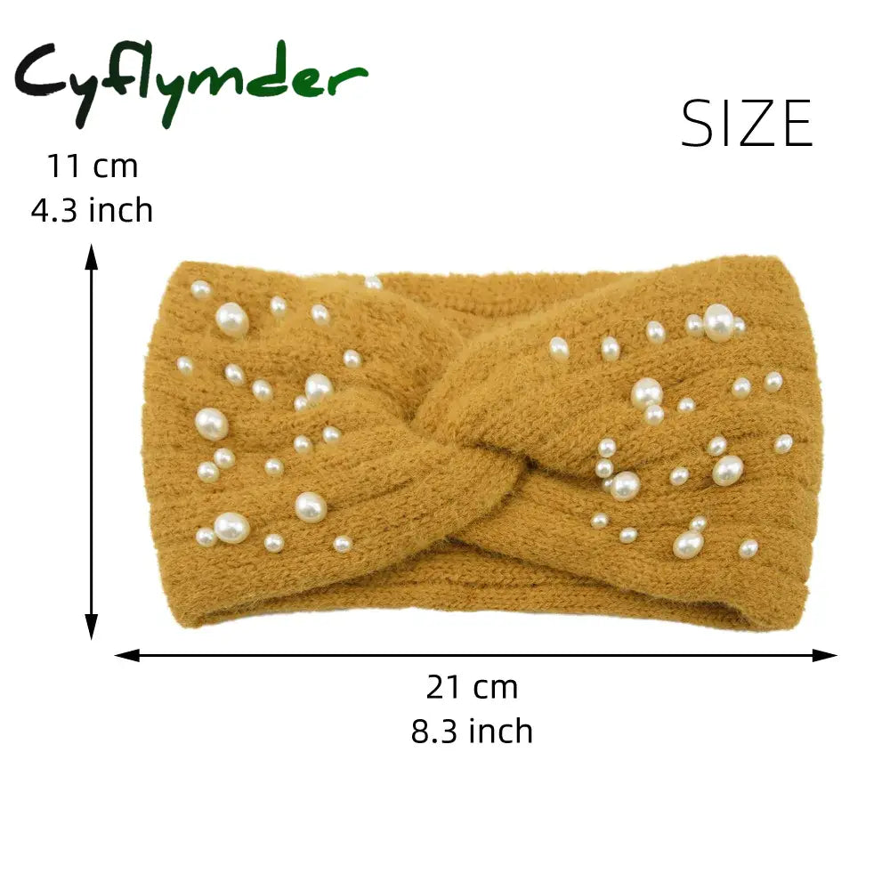 Cyflymder New Pearl Knitted Cross Headbands For Women Girls Handmade Hair Accessories Autumn Winter Headwear Ear Warmer