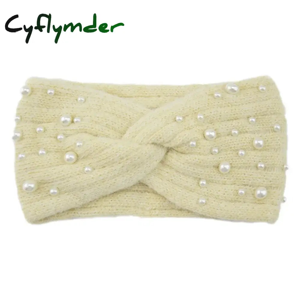 Cyflymder New Pearl Knitted Cross Headbands For Women Girls Handmade Hair Accessories Autumn Winter Headwear Ear Warmer