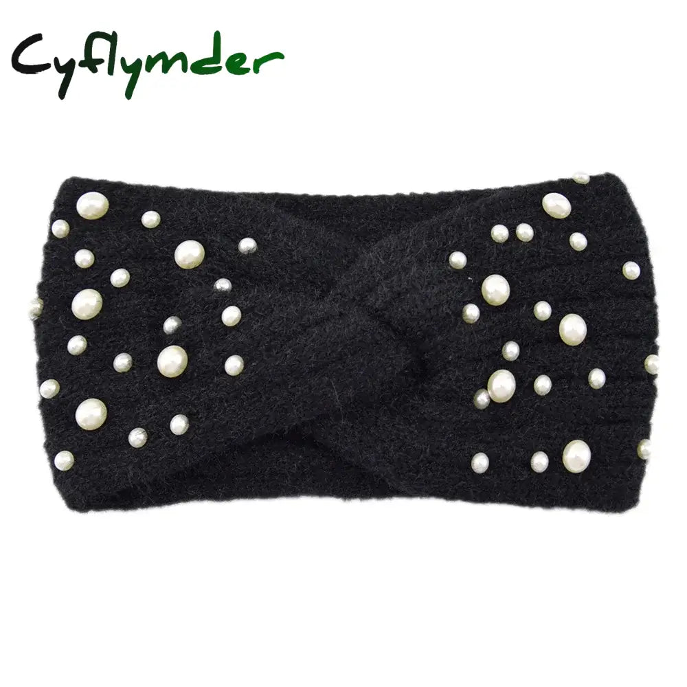 Cyflymder New Pearl Knitted Cross Headbands For Women Girls Handmade Hair Accessories Autumn Winter Headwear Ear Warmer