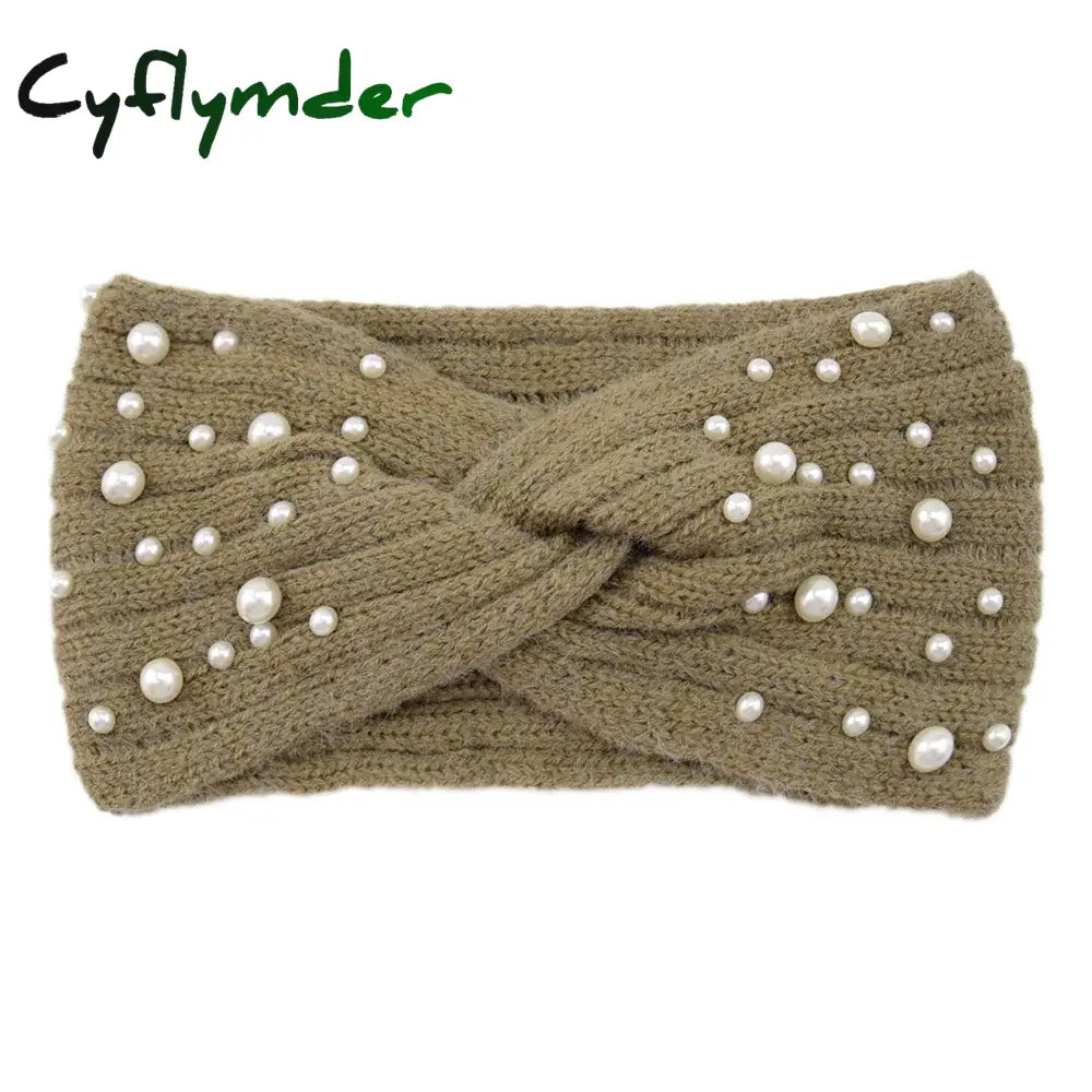 Cyflymder New Pearl Knitted Cross Headbands For Women Girls Handmade Hair Accessories Autumn Winter Headwear Ear Warmer