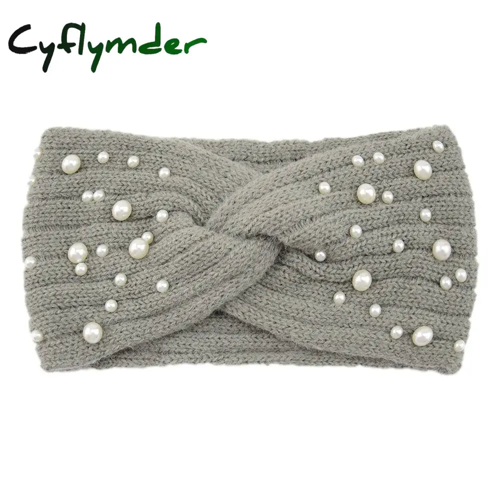 Cyflymder New Pearl Knitted Cross Headbands For Women Girls Handmade Hair Accessories Autumn Winter Headwear Ear Warmer