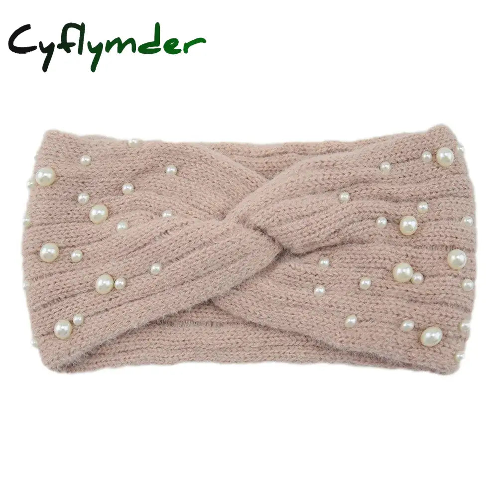 Cyflymder New Pearl Knitted Cross Headbands For Women Girls Handmade Hair Accessories Autumn Winter Headwear Ear Warmer