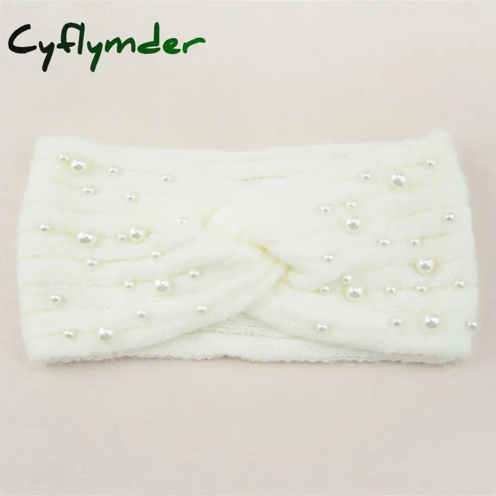 Cyflymder New Pearl Knitted Cross Headbands For Women Girls Handmade Hair Accessories Autumn Winter Headwear Ear Warmer